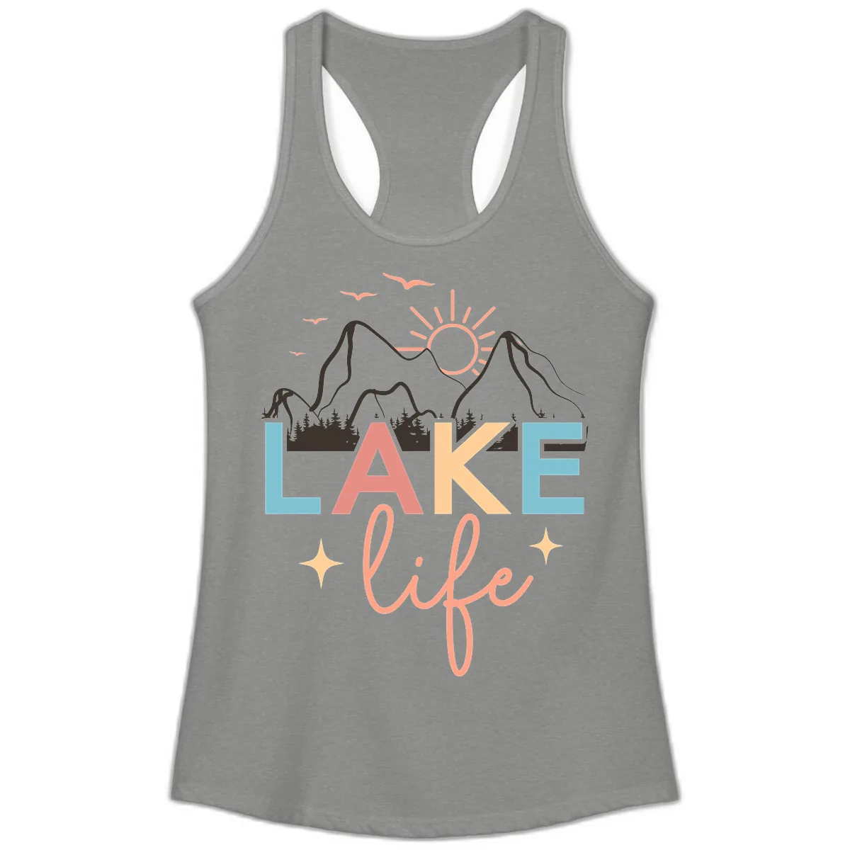 Mountain Lake Life Typography Ladies Tank in Heather Grey